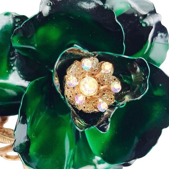 VTG 1960s Brooch Green Enamel Flower AB Rhinestones Gold Tone Mid Century Pin - Picture 9 of 13